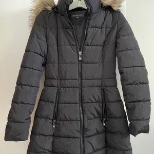 XS Black INC Parka Puffer Coat - Removable Faux Fur Trimmed Hood - Like New